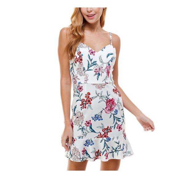 CRYSTAL DOLLS Dresses & Skirts - CRYSTAL DOLLS Womens Sheath Short Dress Ivory V Neck Floral Juniors 3